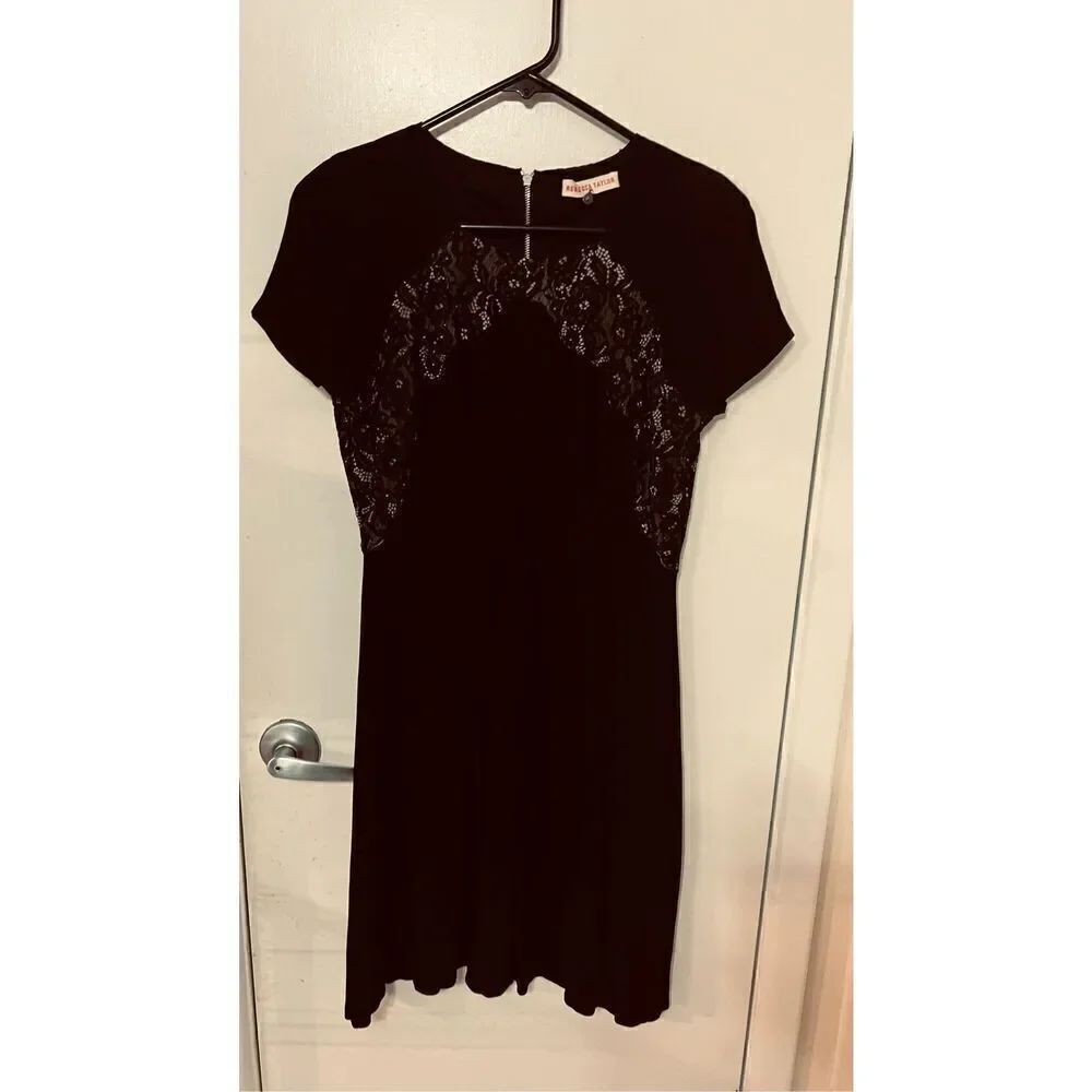 Rebecca Taylor Black Lace Panel Back Zip Short Sleeve Dress SZ 4